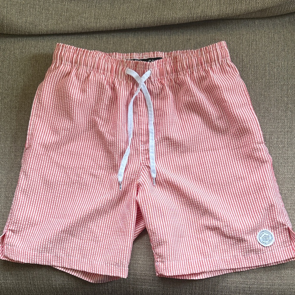 Men's Red and White Seersucker Swim Trunks